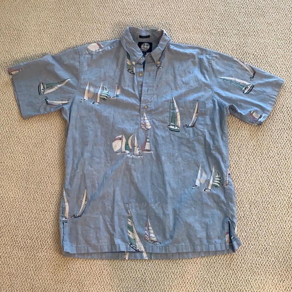 Reyn Spooner Blue Collared Shirt with Sailboats